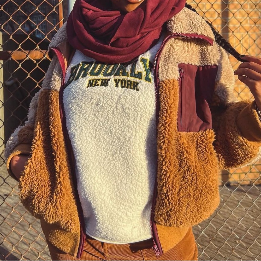 Women's Tan Sherpa Zip Jacket - Cozy Colorblock Fleece